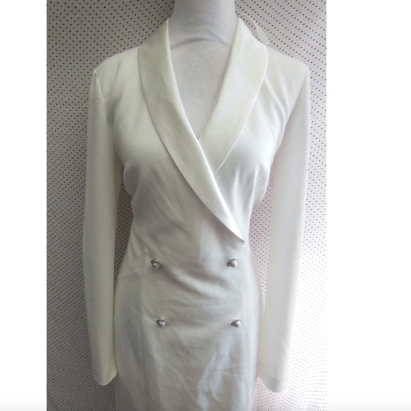 NEW ELIZA J White CREPE Tuxedo BLAZER Satin LAPEL Pearl Button SHEATH DRESS 8 - Picture 7 of 10